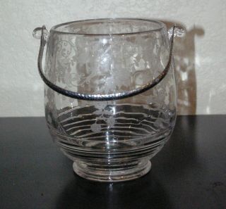 Vintage Etched Glass Ice Bucket w Hammered Silver Handle,  Design 90 ' s 2
