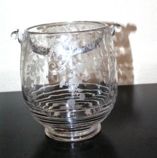 Vintage Etched Glass Ice Bucket w Hammered Silver Handle,  Design 90 ' s 3