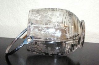 Vintage Etched Glass Ice Bucket w Hammered Silver Handle,  Design 90 ' s 5