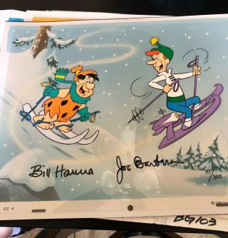 " Downhill Dads " Ltd Ed Cel Signed Hanna Barbera Fred Flintstone George Jetson