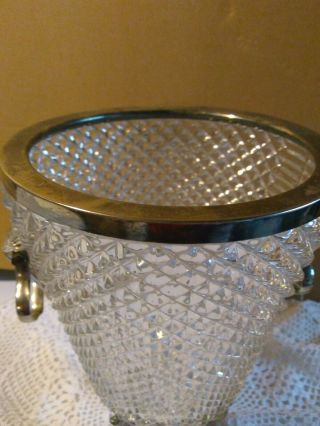 Heavy Vintage Crystal Pressed Glass Champagne Ice Bucket Silver Handles And Rim