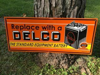 " Delco Battery " Double Sided Porcelain Dealer Sign,  (dated 1949),  Sign