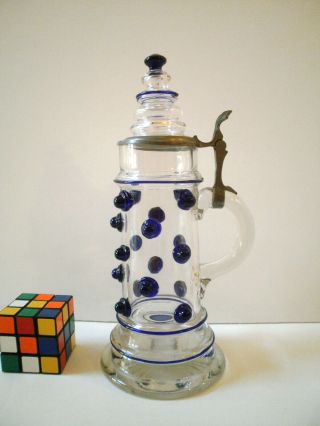 Antique Bohemian Glass Stein With Cobalt Blue Nipple Prunts Glass Lid