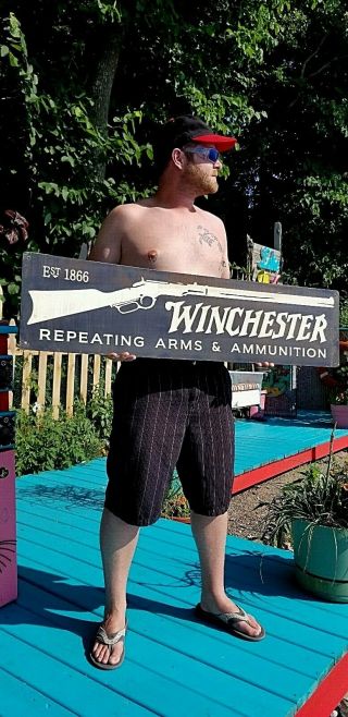 Vintage Metal Winchester Western Gun Ammo Sign W/ Lg Gun Graphic 44inx11in