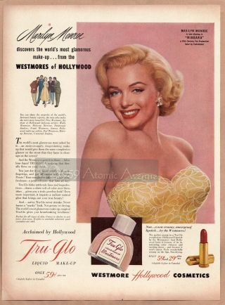 Vintage 1952 Marilyn Monroe Tru - Glo Make Up Ad Page,  Westmore Hollywood Cosmetic