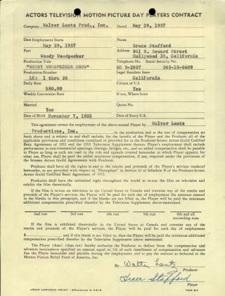Walter Lantz Woody Woodpecker Cel Signed Contract Voice Grace Stafford 1957