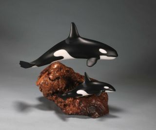 Orca & Calf By John Perry 1in Tall Large Version Killer Whale Sculpture