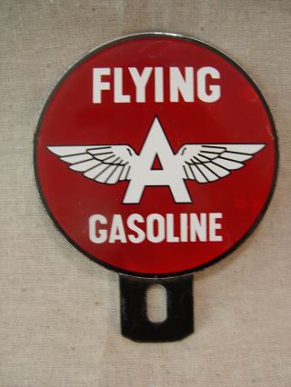 Flying A Gasoline Gas Oil 2 - Piece Porcelain Advertising License Plate Topper