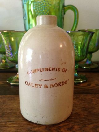 Advertising Crockery Liquor Stoneware Jug - Compliments Of Galey & Roedes 5 - 3/4 "