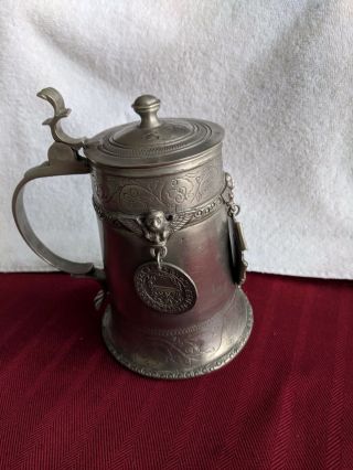Large 95 Zinn Pewter Stein with loose Medallions Made in Germany 3