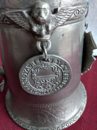 Large 95 Zinn Pewter Stein with loose Medallions Made in Germany 4