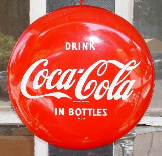 Rare 1953 Drink Coca - Cola In Bottles Advertising Button Red 12 " Painted Sign N/r