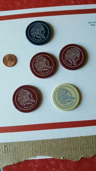 ANTIQUE RARE 5 AMERICAN INDIAN CHIEF DOUBLE SIDED CLAY POKER CHIPS,  1920,  S 3