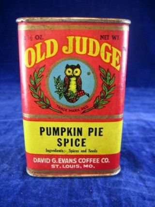 Old Judge Pumpkin Pie Spice Antique Tin Evans Coffee Co.  St.  Louis Brass Slide