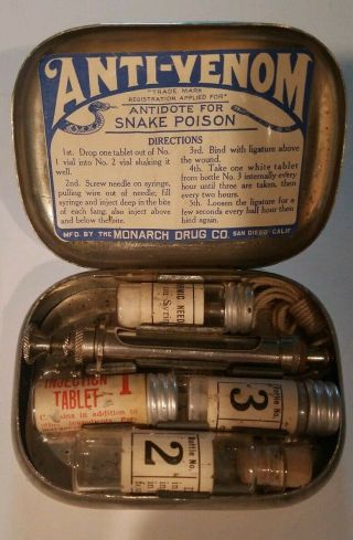 Antique Medicine Bottle Anti - Venom Snake Bite Kit Hypodermic Syringe Monarch