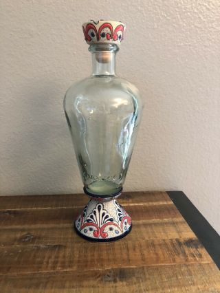 Gorgeous Amor Mio Glass & Pottery Empty Tequila Bottle Hand Painted Clay