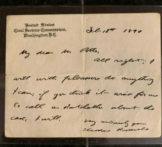 Theodore Roosevelt 1890 Autograph Note Signed Uncommon Handwritten Note