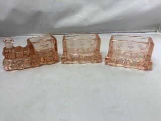 Pink Depression Glass Train Candy Container Locomotive And 2 Cars