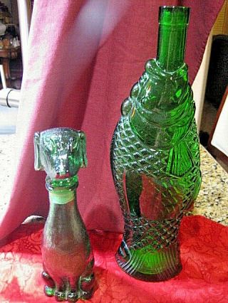 Vintage Green Glass Dog Bottle And Italian Wine Fish Bottle Liquor Decanters