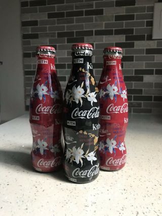 Kith Coca - Cola Collectible Glass Coke Bottle Set Of 3 Black Red Hawaii