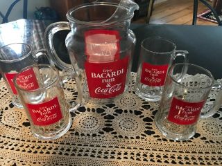 Bacardi Rum And Coca Cola Glass 1977 Set Of 4 Mugs With Pitcher Vintage