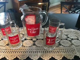 Bacardi Rum And Coca Cola Glass 1977 set of 4 Mugs with Pitcher vintage 7