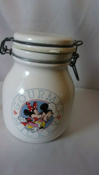 Vintage Gourmet Mickey Ceramic Jar Canister With Metal Snap Lid 7 Inches Tall