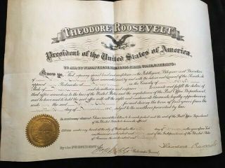 1907 Theodore Roosevelt Signed Postmaster Appointment: Cosigned George Cortelyou