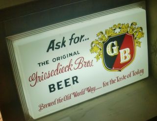 Griesedieck Bros Lighted Gb Sign Really 19 1/2 X 12 Inches