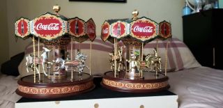 2 Coca Cola Musical Horse Carousel 1997 Franklin Collectors Gold & Silver