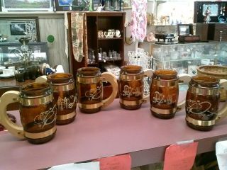 Vintage Set Of 6 Siesta Ware Cowboy Western Brown Glass Beer Mugs Wood Handles