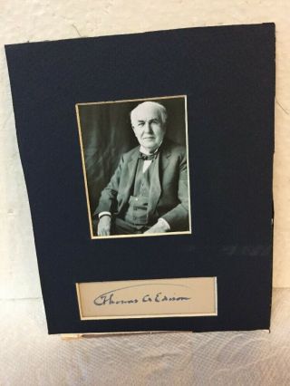 Thomas Edison Photo Portrait With Hand Signed Autograph Signature In Blue Ink