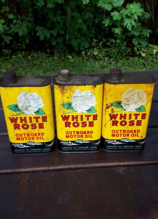 1940s Trio Of Canadian Yellow White Rose Outboard Motor Oil Imperial Quart Cans
