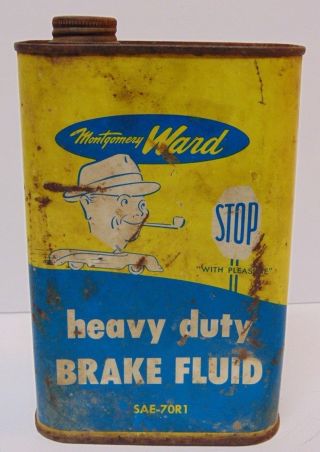 Vtg 1950s Montgomery Ward Fluid Oil Gas Can Advertising Tin Old Man Car Graphic
