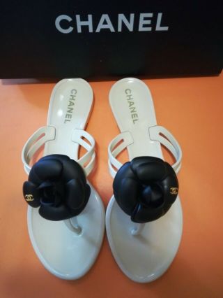 Chanel Black Cream Camellia Flower Jelly Thong Sandals Flip Flops Size 37