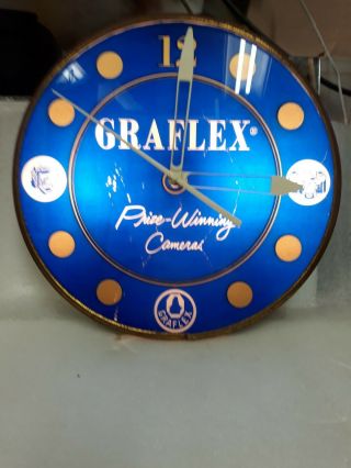 Vintage Pam Lighted Advertising Graflex Blue Clock " Prize Winning Cameras "