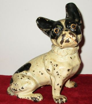Antique Hubley Sitting Black & White French Bulldog Dog Door Stop 8 " By 7 "