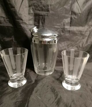 Vintage Art Deco Ours Cocktail Shaker Set Vertical Etched Frosted Speedines