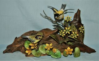 Large Brumm Enamel On Copper Burled Wood Gold Finch Birds & Flowers Sculpture