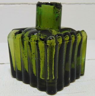 Unusual Yellowish - Green Ribbed Ink Bottle C1910 - 15