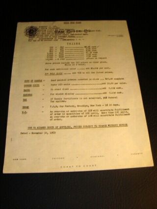 Circa 1950s Pam Clock Company Price List
