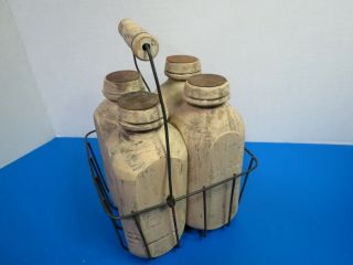 Vintage Wooden Set Of 4 Milk Bottles With Carry Rack Table Decor 6.  5 " Tall