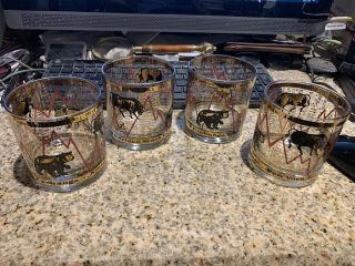 Rare 4 Wall Street Bear & Bull Ticker Tape Bourbon Glasses Barware Stock Broker
