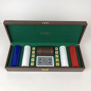 Vintage Griffon Poker Set Box Chips Cards 10 Dice Felt Lining Key & Lock Game