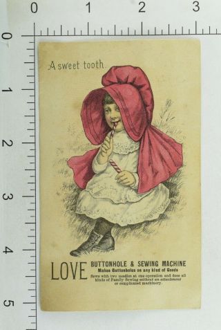 1870 ' s Love Buttonhole & Sewing Machine,  Girl Candy Cane Victorian Trade Card F8 2
