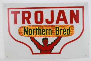 Trojan Northern Bred Corn Advetising Painted Metal Sign 17 1/2 " X 11 5/8 "