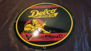 Vintage Delco Motor Oil Porcelain Gasoline Service Station Rack Pump Plate Sign