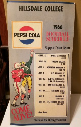 Hillsdale College (1966) Pepsi - Cola Football Schedule Signs You 