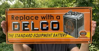 Vintage Delco Motor Oil Can Porcelain Gas Pump Sign Advertising
