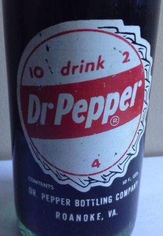1955 Dr.  Pepper Bottle Cap Acl Soda Bottle,  10 - 2 - 4,  Roanoke,  Va,  10 Ounces,  Full